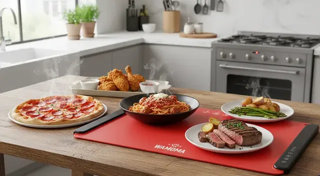 Red foldable food warming mat keeping pizza, pasta and steak warm on a kitchen counter