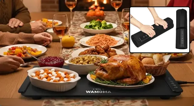 Thanksgiving dinner served on a black food warming mat that rolls up for storage